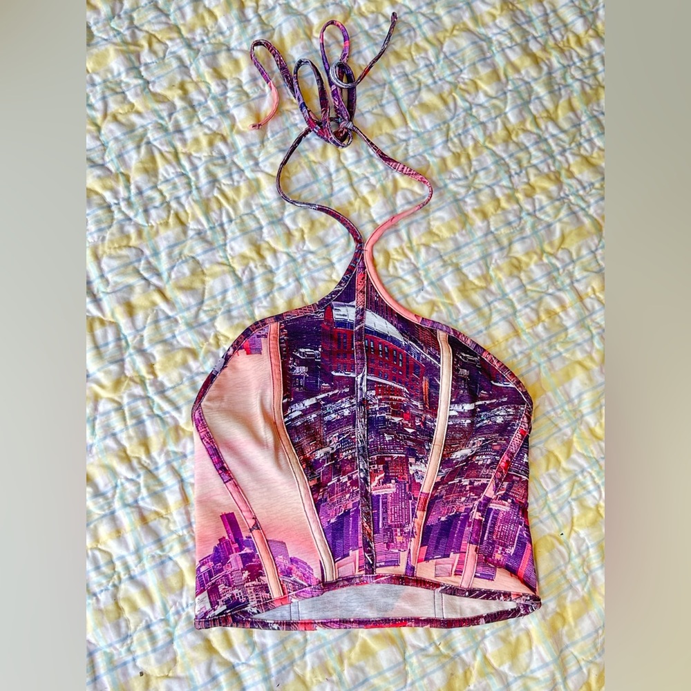 Trendy graphic cityscape halter corset top